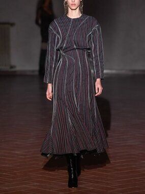 $1865 NWD Y/Project 2019 Stripe Long Bell Faux Leather Trim Flared Dress IT 36/0
